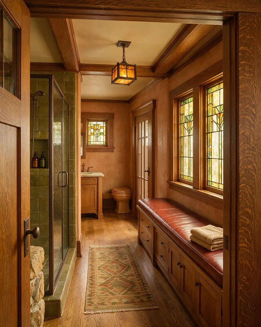 A narrow Craftsman-style master bathroom with rich wood trim, exposed ceiling beams, and warm amber walls. The space includes a tiled shower with a glass door, a vanity at the far end, stained-glass windows, a built-in bench with a leather cushion, and a patterned runner on the wood floor.