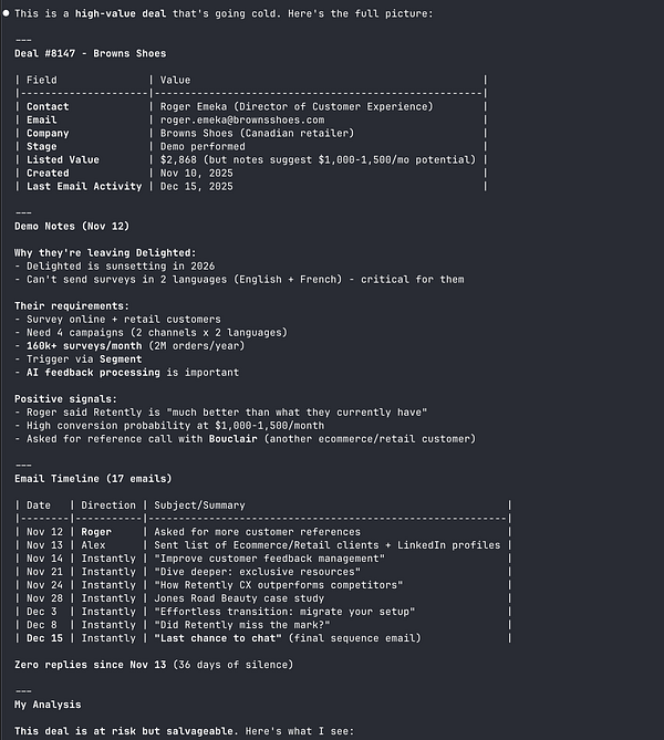 The image displays a detailed CRM deal overview for Browns Shoes, highlighting key information and email interactions.