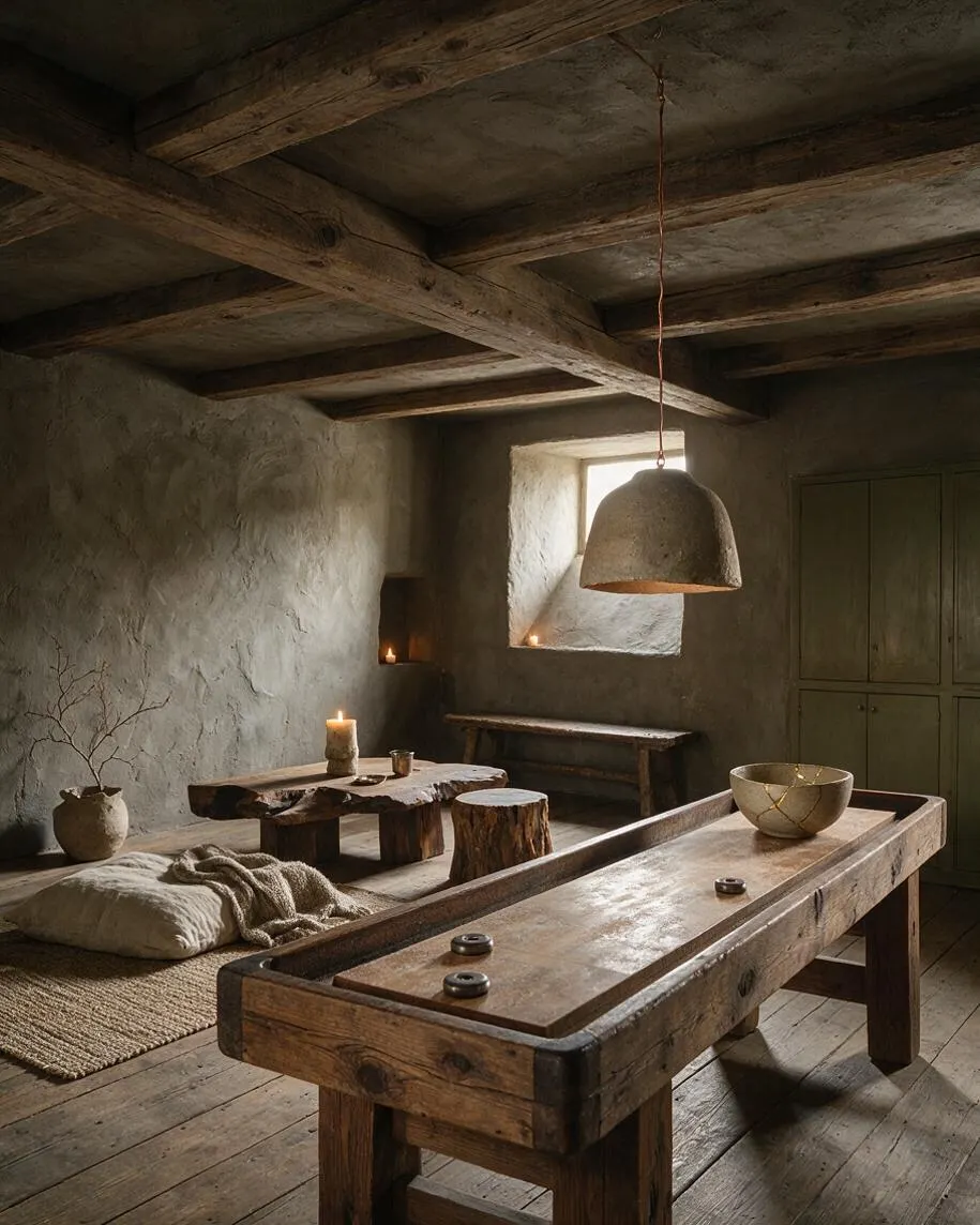A rustic game room with a long wooden game table in the foreground, low seating cushions on a woven rug, and a rough wood coffee table lit by candles. Textured plaster walls, exposed timber ceiling beams, a small window, and a simple hanging pendant create a calm, earthy Wabi-Sabi atmosphere.