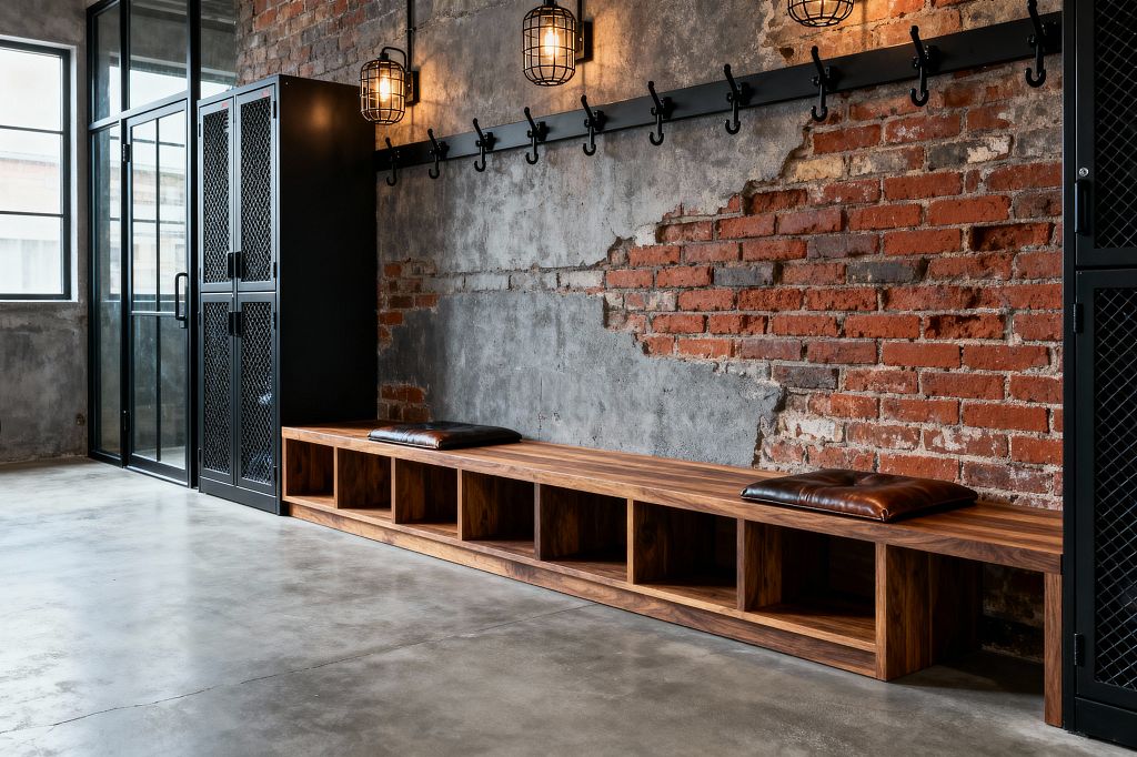 A minimalist industrial mudroom features a long walnut bench with open cubbies and two brown leather cushions, set against a wall of exposed red brick and distressed concrete. Above, a black steel rail with multiple hooks and three caged sconces lines the wall, while black mesh lockers and steel-framed glass doors sit to the left over a polished concrete floor.