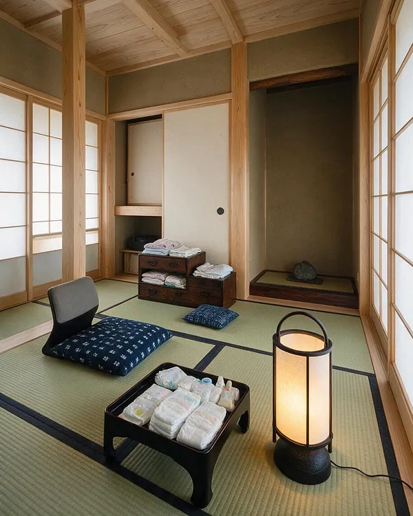 A calm Japanese Zen-style nursery with tatami mat flooring, pale wood framing, and shoji paper screens on both sides. The room includes floor cushions, a low table with baby supplies, a soft glowing floor lamp, and built-in alcoves with simple storage drawers.