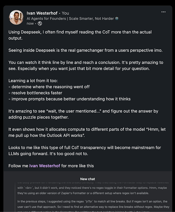 A LinkedIn post discussing the benefits of using Deepseek for understanding AI reasoning.