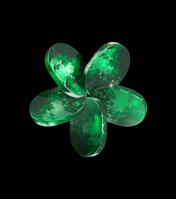 A stylized abstract 3D model resembling a flower shape in green hues.