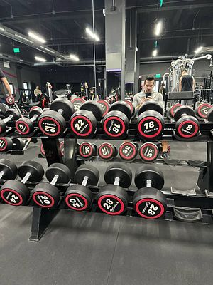 A gym scene featuring a rack of dumbbells and a person taking a selfie in the mirror.