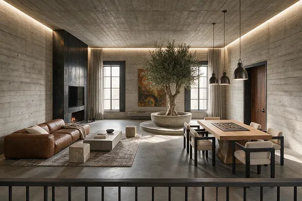 A spacious Brutalist game room with raw concrete walls and ceiling, black metal accents, and warm indirect lighting. The room includes a brown leather sectional, a low concrete coffee table, a wood game table with upholstered chairs, and a large olive tree planted in a circular stone planter at the center.
