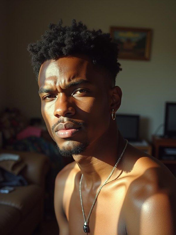 A young man poses in soft, natural light, showcasing his facial features and expression.