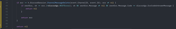 The image displays a code snippet related to handling errors in a Discord bot.