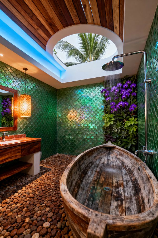 An open-air tropical bathroom features emerald fish-scale ceramic tile walls, a living plant wall with purple orchids, and a weathered wooden boat-style soaking tub set over a river pebble floor. A stainless rain shower falls beneath a circular skylight framed by slatted wood and soft blue cove lighting, while a woven rattan pendant illuminates a warm wood vanity with a polished reddish stone countertop and mirror.