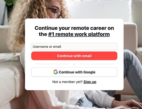 A login interface for a remote work platform featuring options to sign in with email or Google.