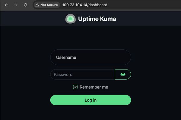 Login screen for Uptime Kuma monitoring dashboard accessed via a local IP address.