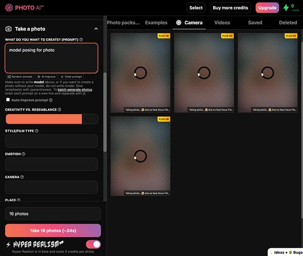 The interface of a photo generation tool displaying a prompt and processing indicators for photo creation.