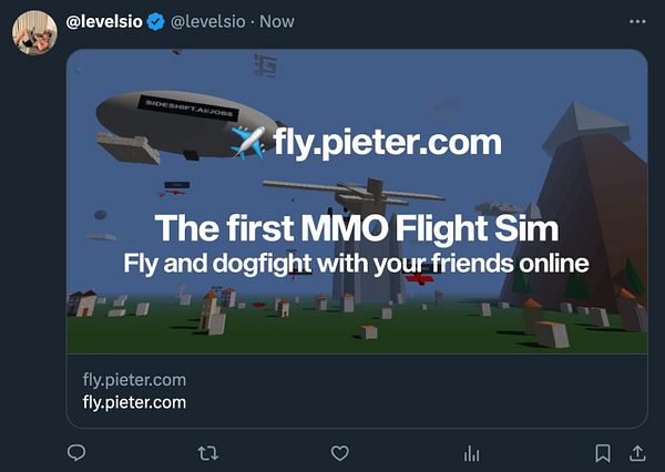 A promotional tweet for the online flight simulation game 'fly.pieter.com'.