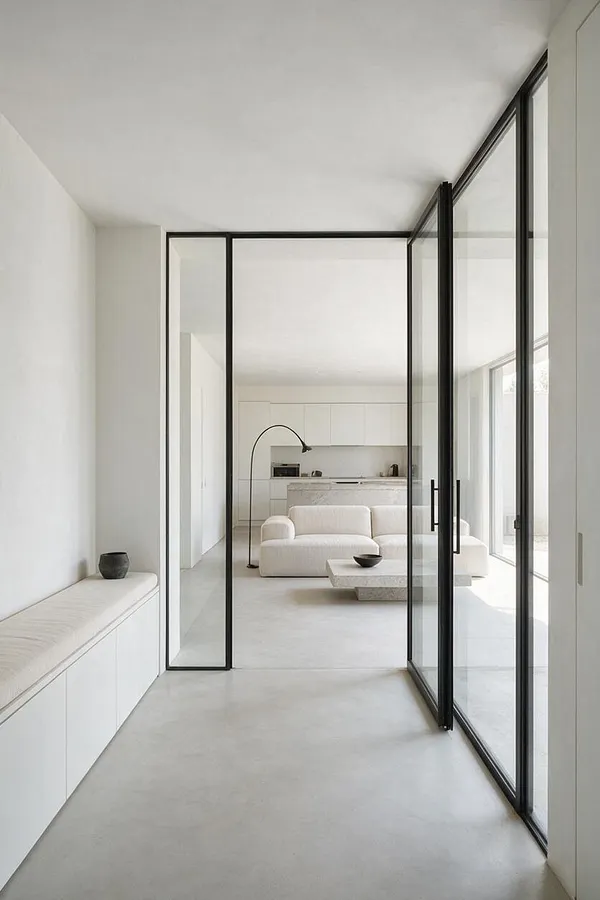 A minimalist front porch with smooth pale flooring, white walls, and black-framed glass doors that open into a bright interior. A built-in bench with light upholstery and a small dark vase sits along the left wall, while the view beyond shows a white living area with a low sofa and stone coffee table.