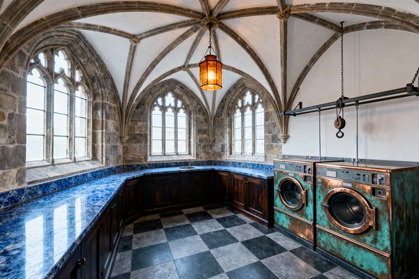 A Gothic-style laundry room occupies a stone-vaulted corner with ribbed arches and pointed, traceried windows. Dark wood base cabinets wrap a U-shaped perimeter beneath vivid blue stone countertops and splash, a black-and-gray checkerboard floor, two front-loading washers clad in verdigris copper at right beneath an iron rail with pulley, and a warm amber hexagonal lantern hanging at the vault’s center.