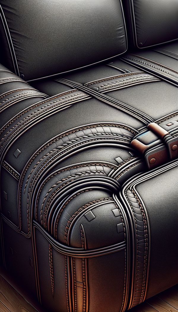 A close-up image of a dark leather sofa with visible, pronounced luggage stitching along the seams, showcasing the texture and industrial aesthetic of the stitching.