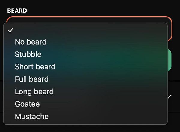 A dropdown menu for selecting beard styles in a user interface.