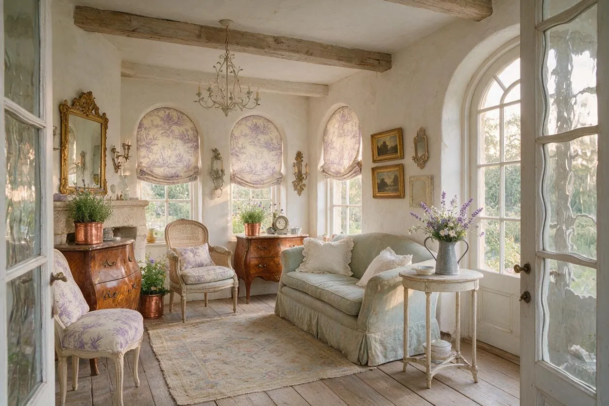 A bright French Country sunroom with white plaster walls, exposed wood ceiling beams, and tall arched windows dressed in lavender toile Roman shades. The room includes a pale blue slipcovered sofa, cane and upholstered chairs, antique wood commodes, a gilded mirror, a chandelier, and fresh flowers, all on wide-plank wood floors and a faded area rug.