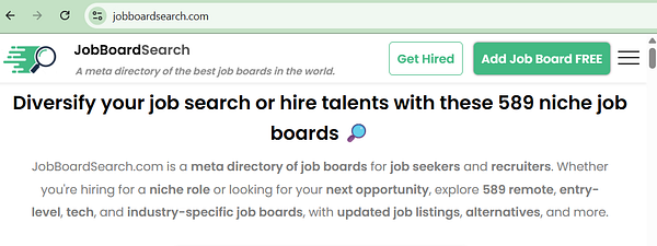 The image displays a webpage for JobBoardSearch, highlighting its features and offerings.