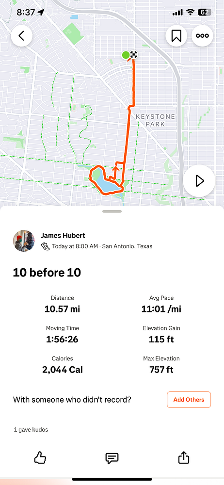 A running route map displaying a 10.57-mile run in San Antonio, Texas.