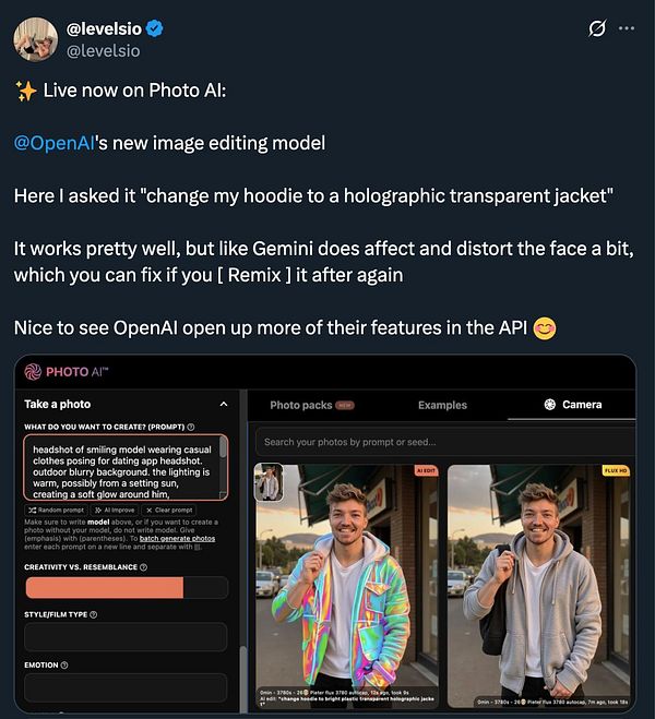 A screenshot of a social media post showcasing OpenAI's new image editing model integrated into Photo AI.