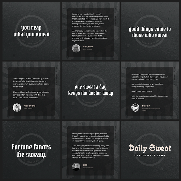 A grid of motivational quotes and personal reflections on the benefits of sweating and exercise.