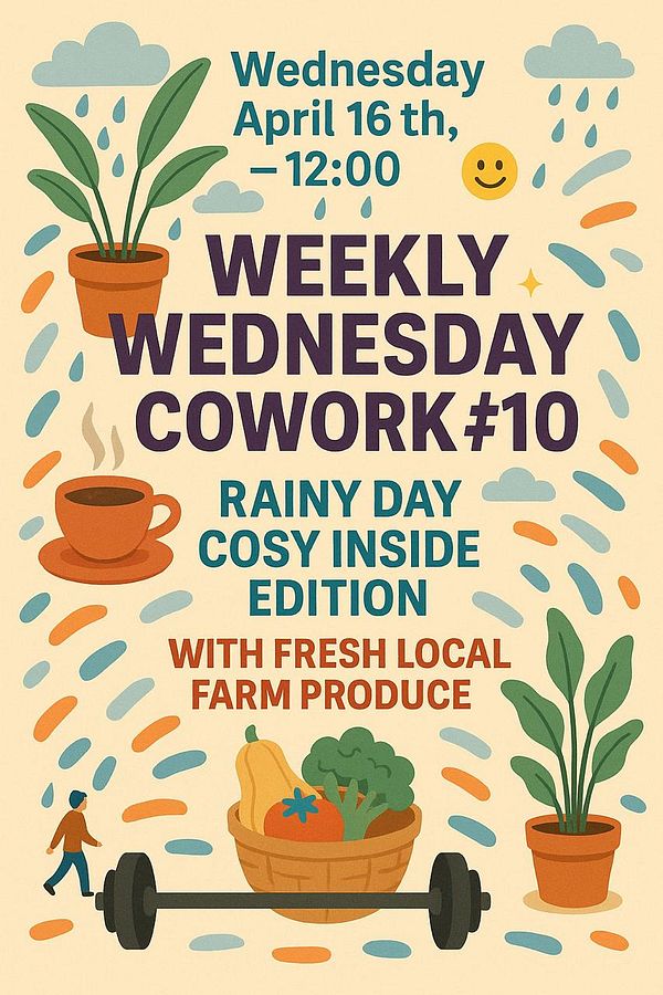 A colorful poster promoting a coworking event on a rainy day.