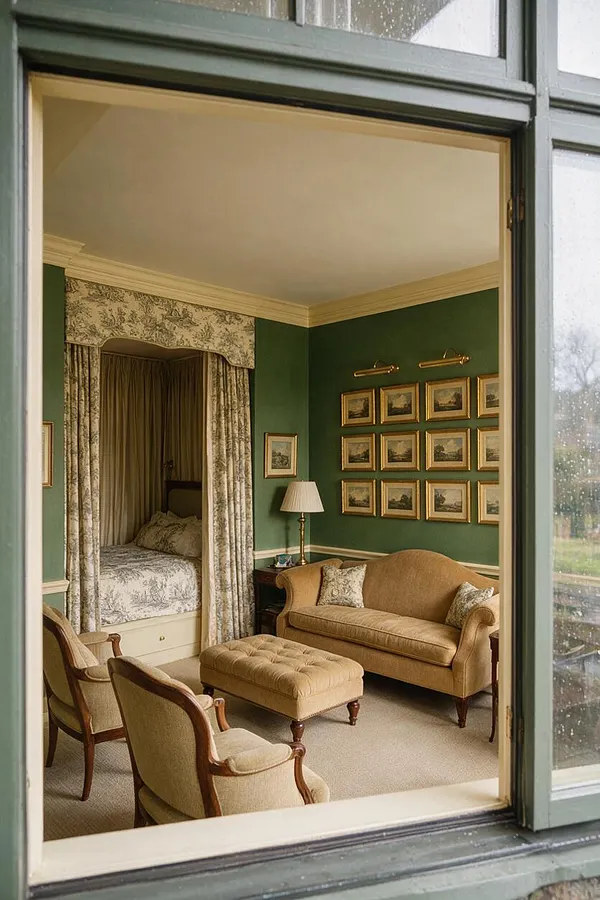 A traditional studio apartment seen through a window, featuring deep green walls, cream crown molding, and a compact sitting area with a camel upholstered sofa, two matching armchairs, and a tufted ottoman. A curtained sleeping alcove sits to the left, while a gallery wall of framed landscape prints and brass picture lights adds a formal, classic touch.