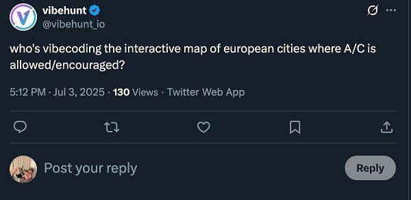 A Twitter post from the account @vibehunt_io discussing an interactive map of European cities regarding air conditioning regulations.