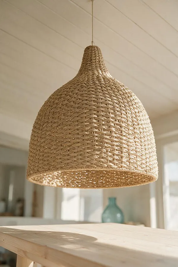A large dome-shaped pendant light made of woven natural fiber hangs from the ceiling in a bright coastal-style room. The lamp has a warm beige tone and casts soft shadows over a light wood surface below, with airy white walls and a muted blue vase in the background.