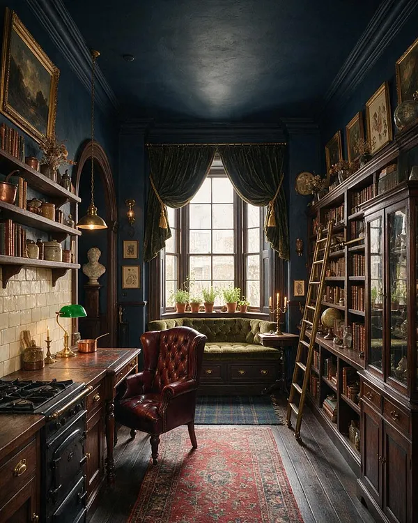A narrow Dark Academia kitchen with deep blue walls, dark wood cabinetry, and a vintage leather chair centered on layered rugs. Built-in bookshelves, brass accents, a bay window with dark green drapes, and potted herbs create an old-world scholarly atmosphere.