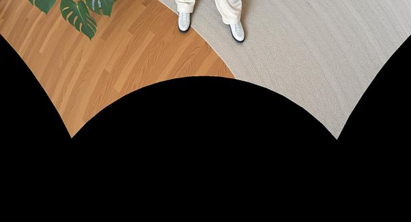 The image features a split view of two different flooring types with a person standing on them.