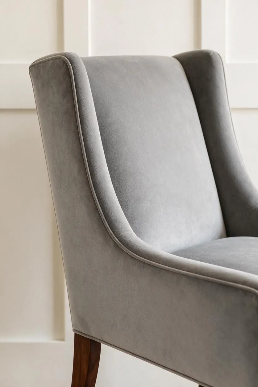 A close-up of a transitional upholstered chair in soft gray velvet, showing a gently curved wingback silhouette with tailored piping and a dark wood leg. The chair sits against a white paneled wall, creating a refined, calm backdrop.