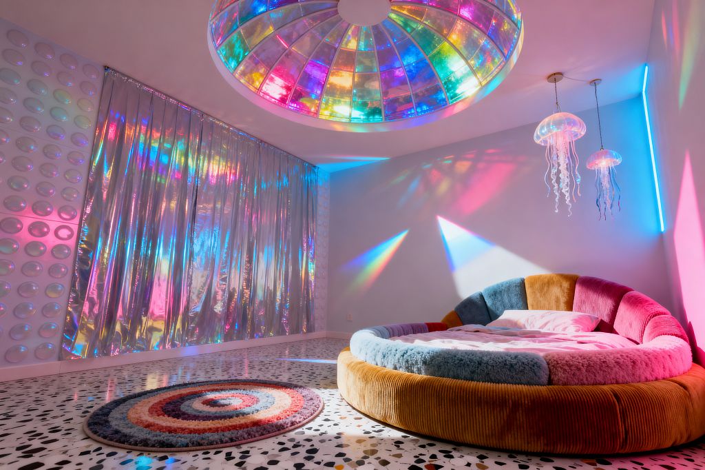 Kids’ bedroom featuring a circular, multicolored upholstered bed on black-and-white terrazzo flooring. A large rainbow-tinted acrylic dome in the ceiling projects colored beams across white walls. Two jellyfish-shaped pendant lights and a slim neon strip glow in the corner. One wall has iridescent foil curtains and another shows raised bubble panels. A round spiral shag rug sits nearby, creating a playful, psychedelic atmosphere in saturated pink, blue, and cyan light.