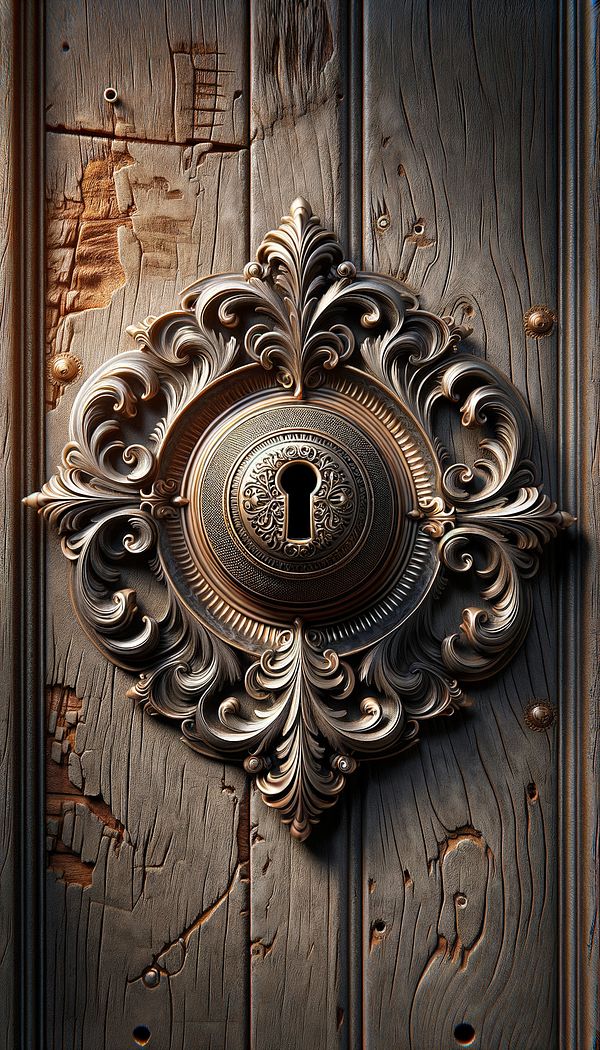 A detailed, ornate metal escutcheon around an antique keyhole on a wooden door, showcasing intricate designs and craftsmanship.