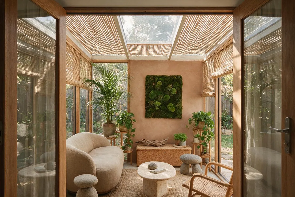 A small backyard room designed in a biophilic style, with wood-framed glass walls, bamboo shades, and a skylit ceiling. Inside are soft beige curved seating, woven and stone-like tables and stools, and many potted plants around a moss wall art panel.