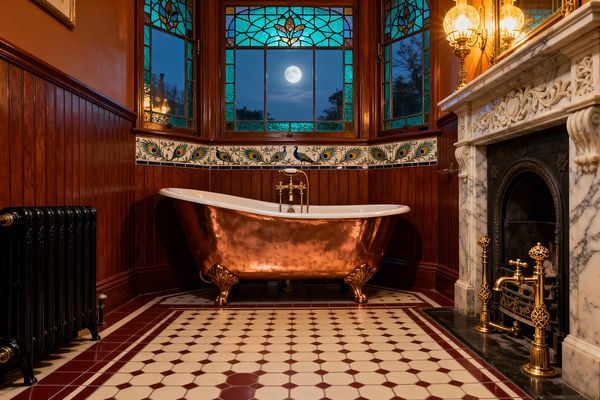 Victorian bathroom with a hammered copper clawfoot tub centered before a stained-glass bay window, a full moon visible outside. Dark wood wainscoting and a peacock-pattern tile frieze encircle the room; a burgundy-and-cream geometric tile floor, marble fireplace with cast-iron insert, brass fittings, globe sconces, and a black radiator complete the richly lit scene.