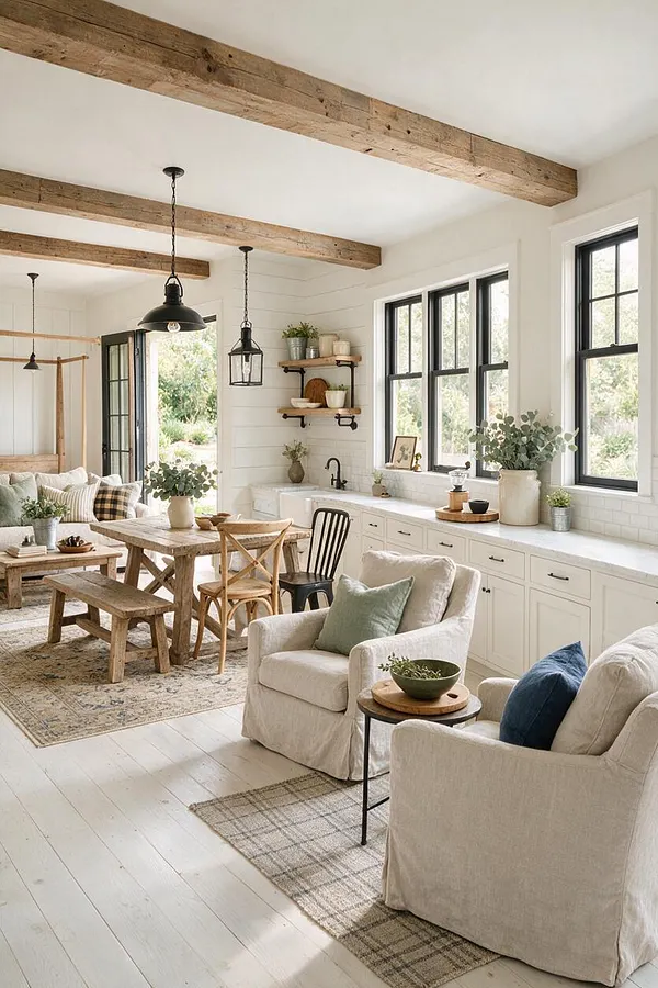 A bright farmhouse sunroom with exposed rustic wood ceiling beams, black-framed windows, and white shiplap walls. The space includes slipcovered cream armchairs, a wooden dining table with benches, woven rugs, open shelving, and black pendant lights, creating a warm and relaxed gathering area.
