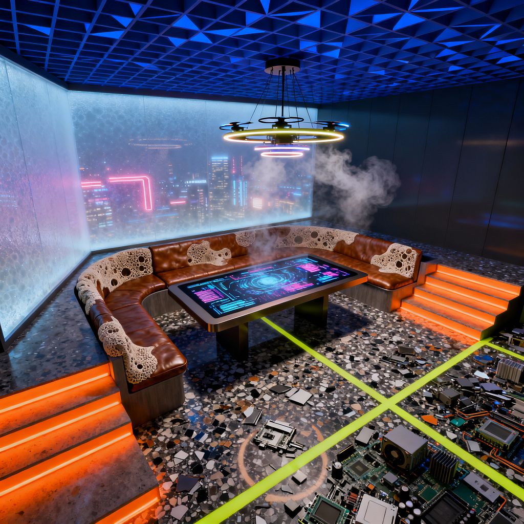 Futuristic dining room with a curved brown leather banquette surrounding a rectangular touchscreen dining table that displays cyan and magenta graphics. The terrazzo floor features lime-green inlaid lines and scattered circuit boards, and orange-lit steps rise on both sides. A blue geometric ceiling, dark metal walls, and a frosted glass window reveal a neon city skyline. A multi-ring LED pendant glows overhead while wisps of vapor drift near the seating, creating a moody cyberpunk atmosphere.
