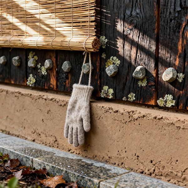 Close-up of a biophilic mudroom wall with a rolled bamboo blind above charred wood planks fitted with rounded river-stone hooks. A pale oatmeal wool glove hangs from one hook, with lichen speckling the dark timber. Below, a hand-troweled clay plaster base meets a speckled granite threshold where raindrops and fallen leaves collect, all lit by dappled sunlight across earthy textures and tones.