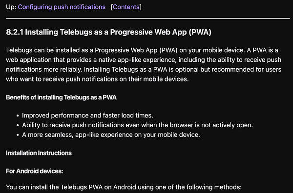 The image displays a section of a manual detailing the installation of Telebugs as a Progressive Web App (PWA).