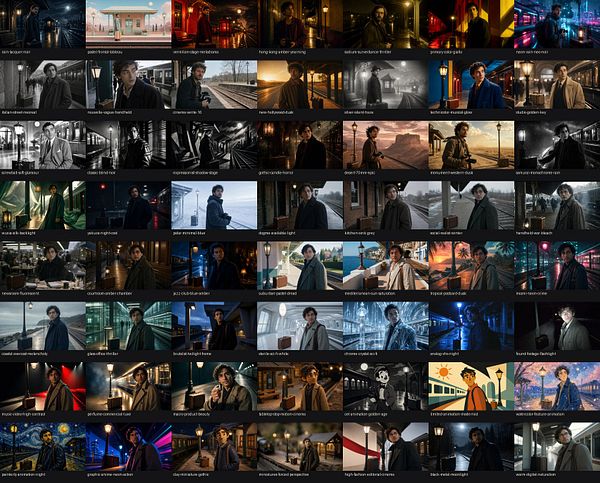 A collage of six distinct cinematic style images illustrating diverse visual aesthetics and cinematic moods.