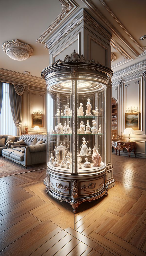 An elegant glass vitrine displaying an assortment of valuable porcelain figures, placed in a well-lit living room with a classical interior design style.