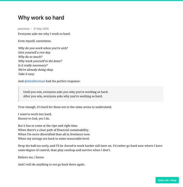 A reflective post discussing the reasons behind hard work and the challenges of balancing effort and sustainability.