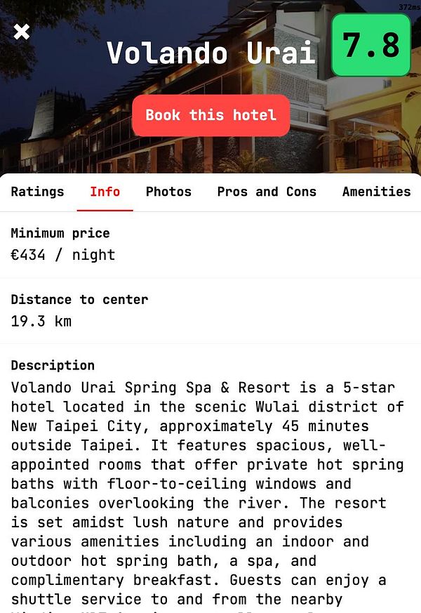 Screenshot of a hotel list webpage displaying hotel cards, including amenities and a booking button, illustrating a layout suitable for desktop view.