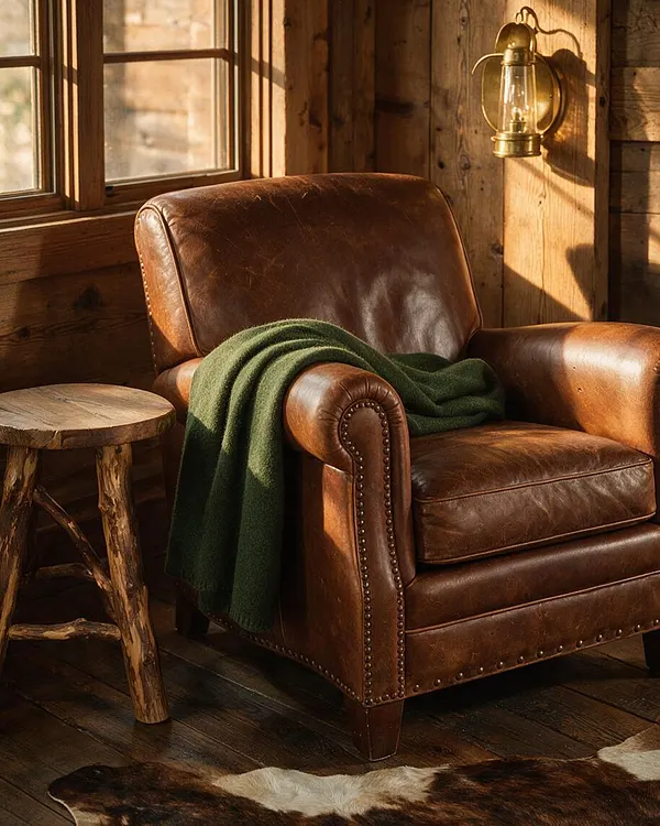 A rustic reading corner features a worn brown leather armchair with nailhead trim, draped with a dark green throw blanket. It sits beside a small natural wood side table, with a brass wall lantern, wood plank walls and floor, and warm sunlight streaming through a window.
