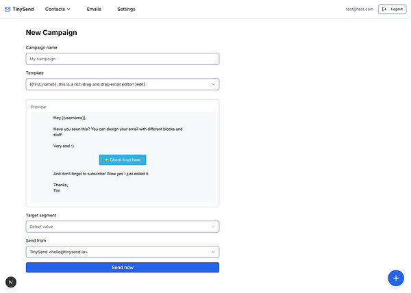 The image displays a user interface for creating a new email campaign in TinySend.