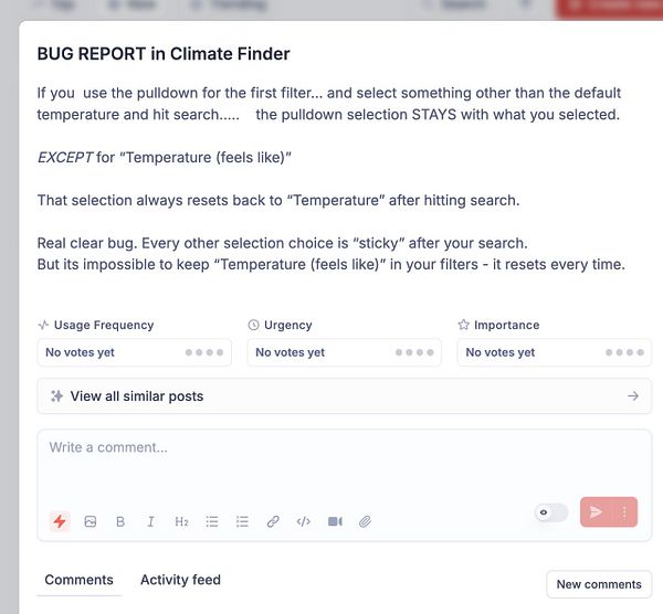 A bug report detailing an issue with the Climate Finder application regarding filter selections.