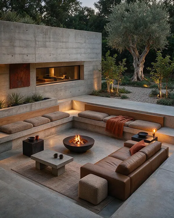 A Brutalist-style backyard lounge features raw concrete walls and built-in seating arranged around a round fire pit. Warm wood accents, a leather sofa, textured cushions, and soft garden lighting balance the stark architecture with a calm, inviting atmosphere.
