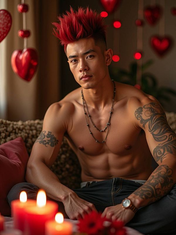 A muscular man with striking red hair poses in a cozy, romantic setting adorned with heart decorations.