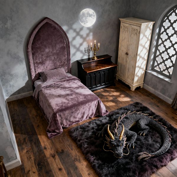 Children’s bedroom with a tall pointed-arch mauve velvet headboard and matching bedding on warm plank wood floors. A black Gothic cabinet with a walnut top holds a brass candelabra beneath a moon motif, while an ivory armoire and a large quatrefoil-tracery window cast patterned light; a plush black faux-fur rug with a dragon toy anchors the center against gray plaster walls.